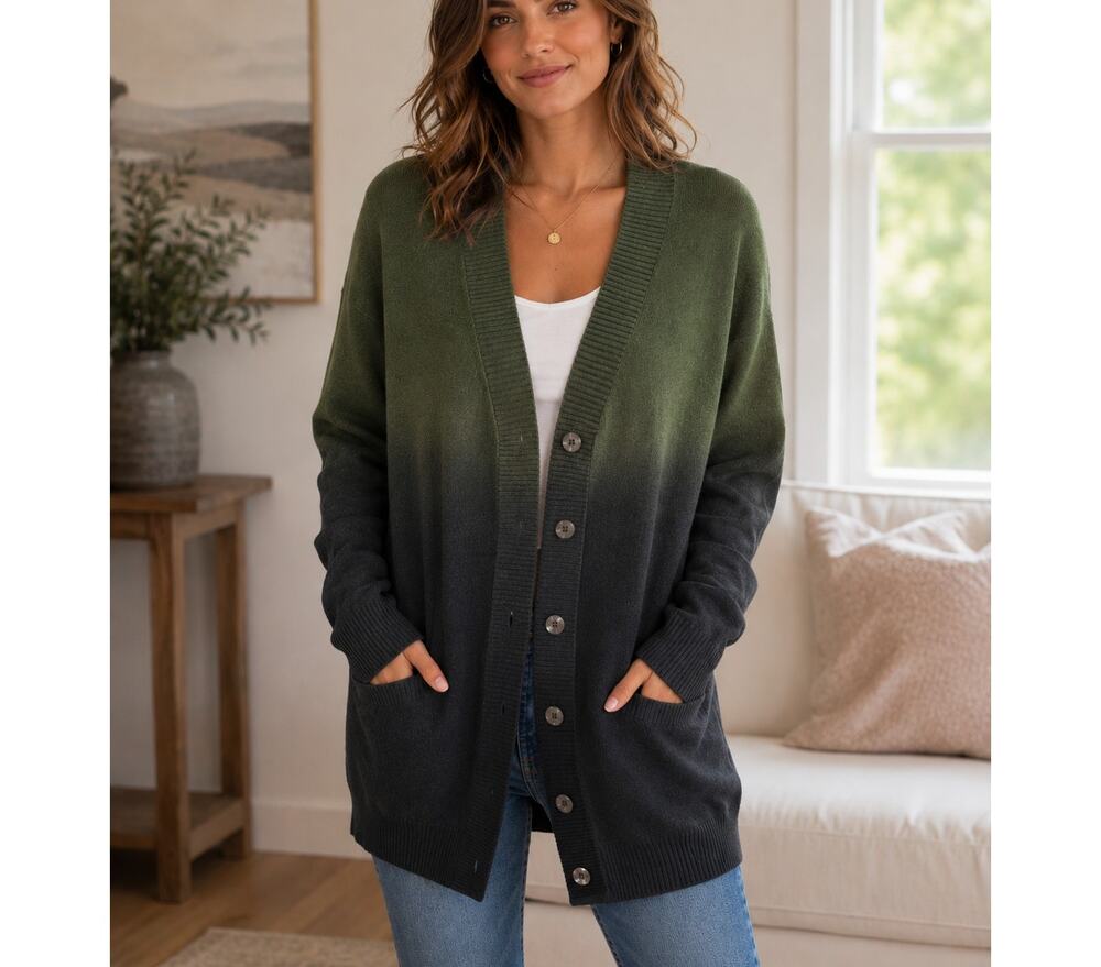 Vince 100% Cashmere Cardigan Womens XS Green Ombre Long Sweater Quiet Luxury